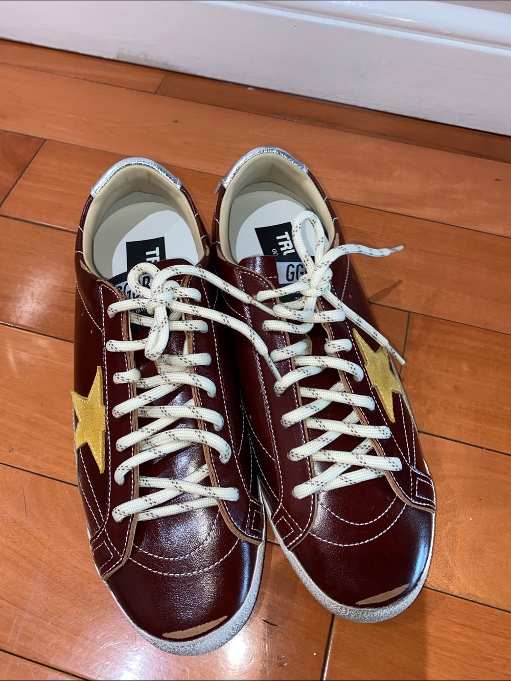 Men's Golden Goose True Star Burgundy Leather Sneakers with Yellow Star Accent